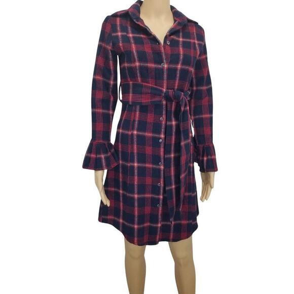 Our Fine Garments by Bell Red Plaid Flannel Button Up Shirt Dress Sz Sm Vintage - Picture 1 of 8